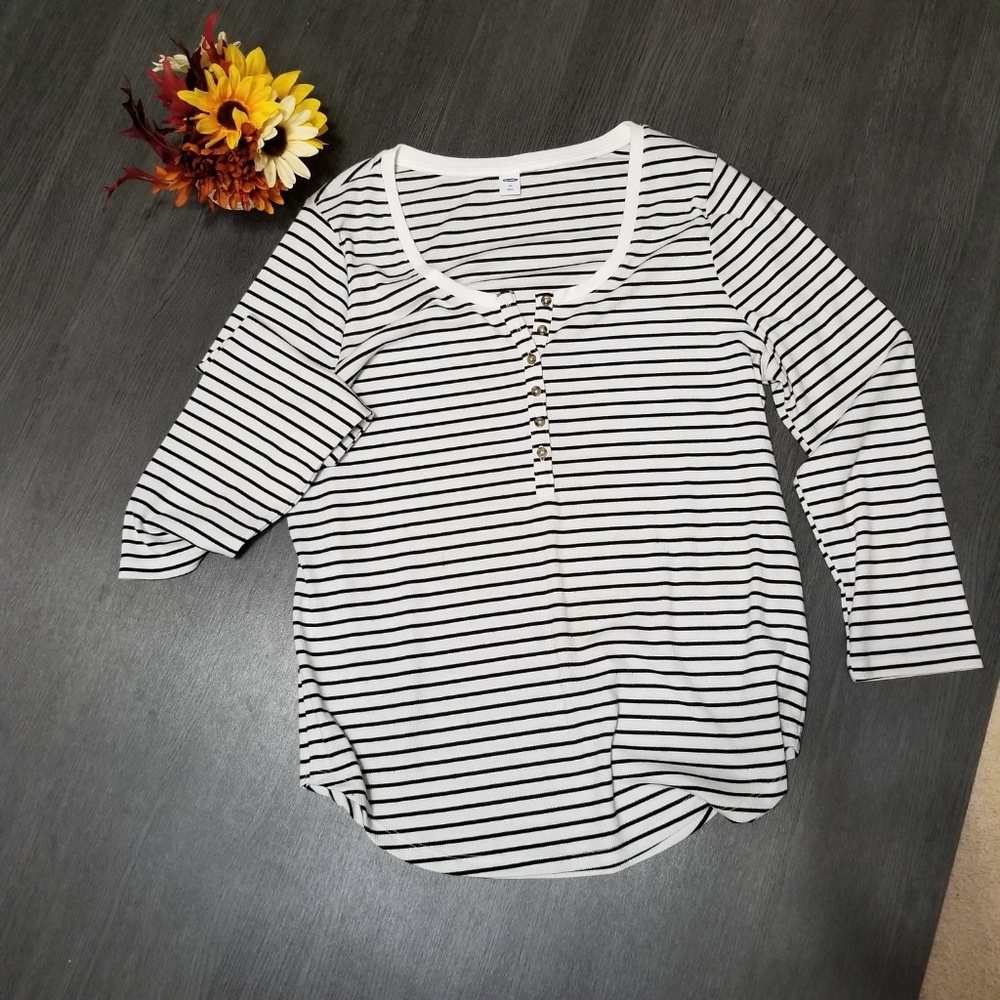 Old Navy Long Sleeve Henley White W/Black Stripes
